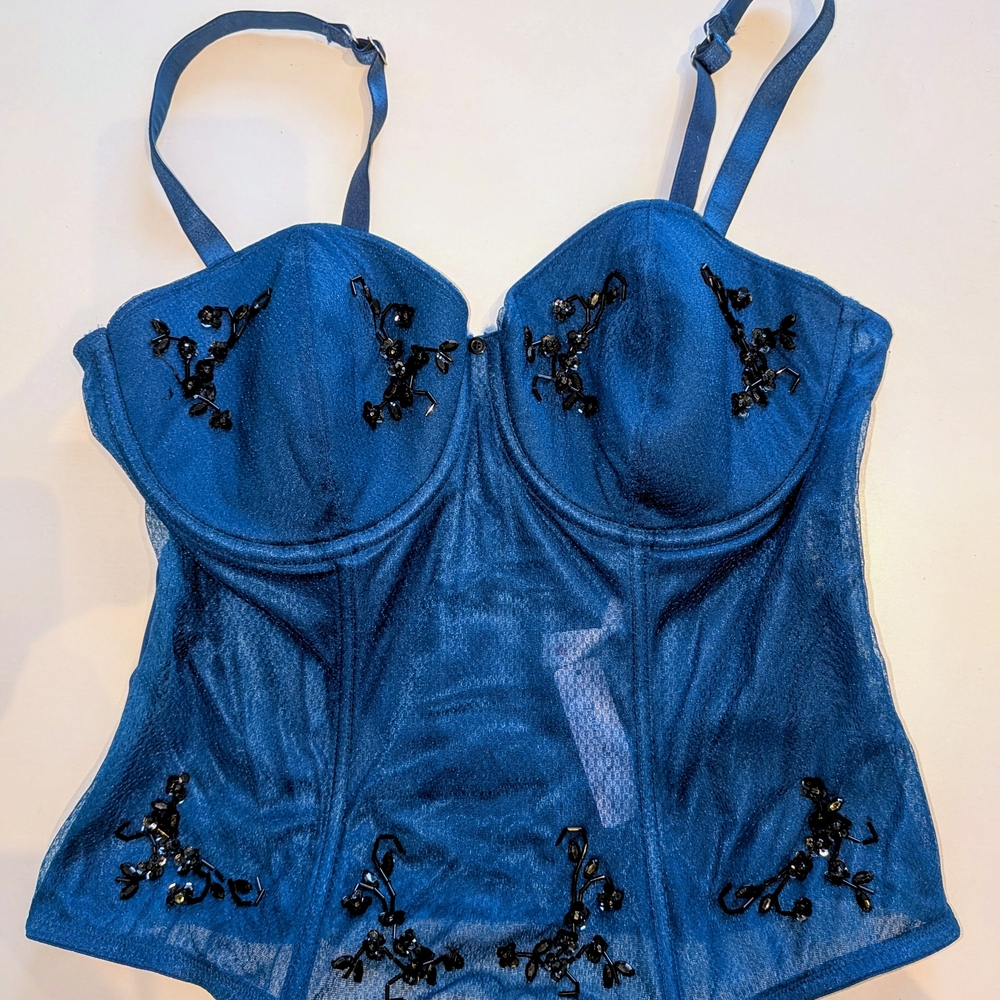 Brand New Cacique Lane Bryant Beaded Boned 18/20 2X Teal Underwire Bra Corset